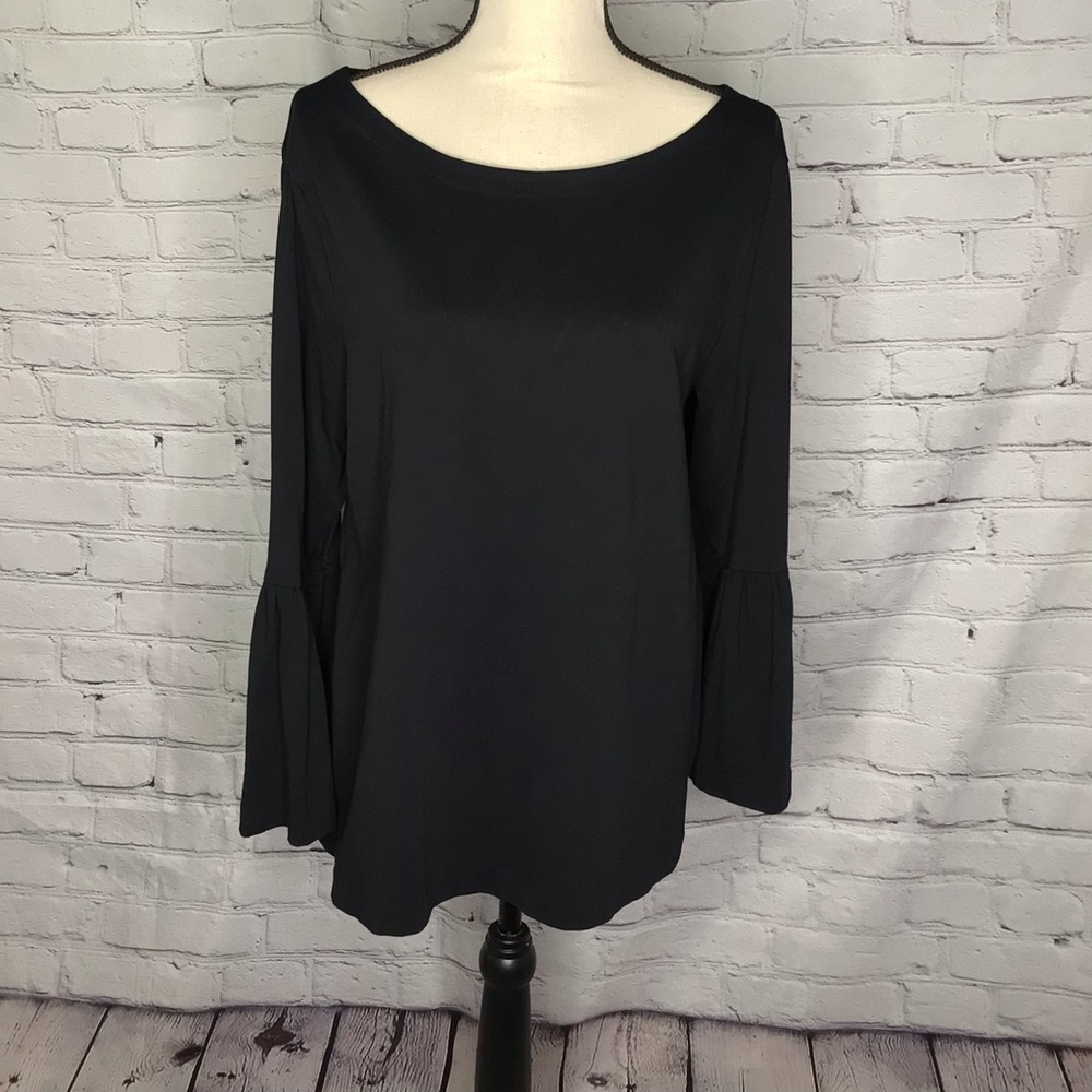 J Crew Factory Black Cotton Boatneck 3/4 Circular Flounce Sleeve Top Large